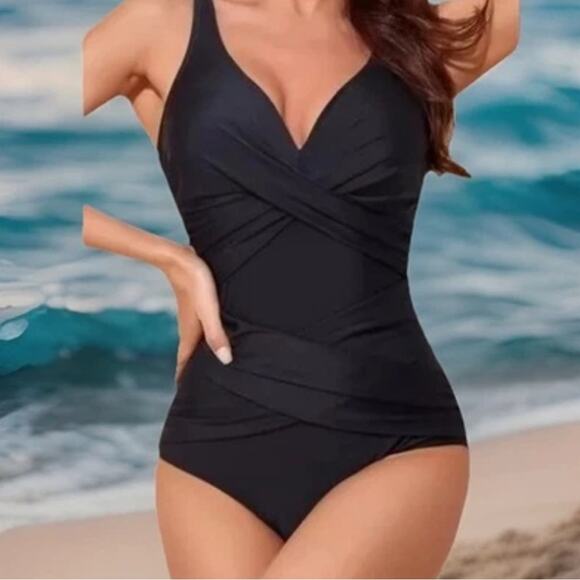 Smidmivi Women Black Swimsuit Medium Twist Front Tummy Control One Piece - Picture 4 of 8